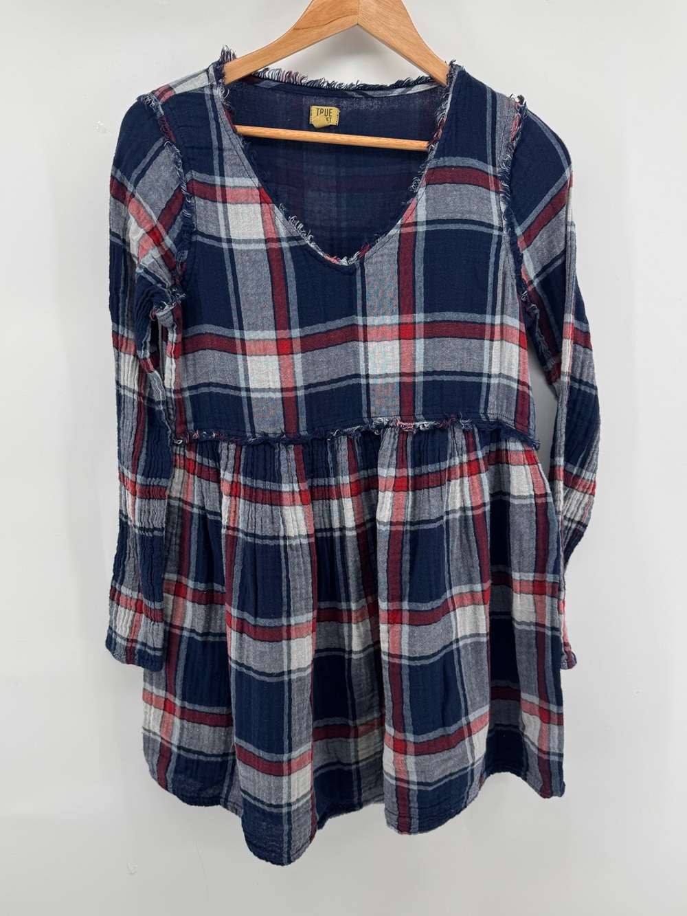 True Craft Raw Hem Plaid Navy, Red & White Plaid Longsleeve Dress Women's Med
